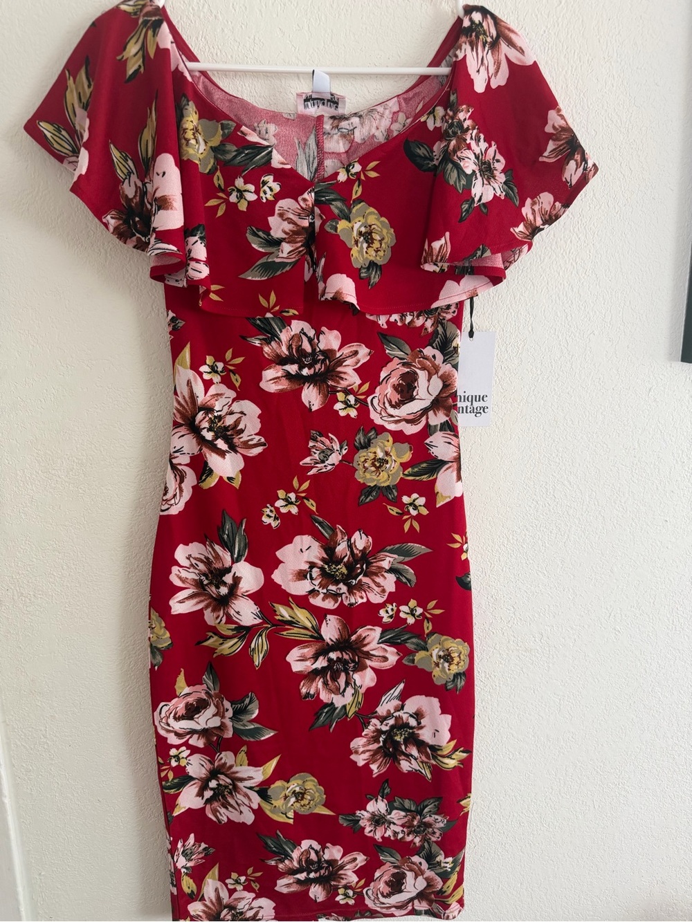 Unique Vintage Red Floral Off-Shoulder Ruffle Dress